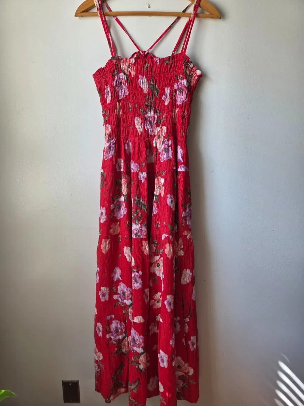 NWT ABERCROMBIE & FITCH RED FLORAL SMOCKED TANK MAXI DRESS SIZE L